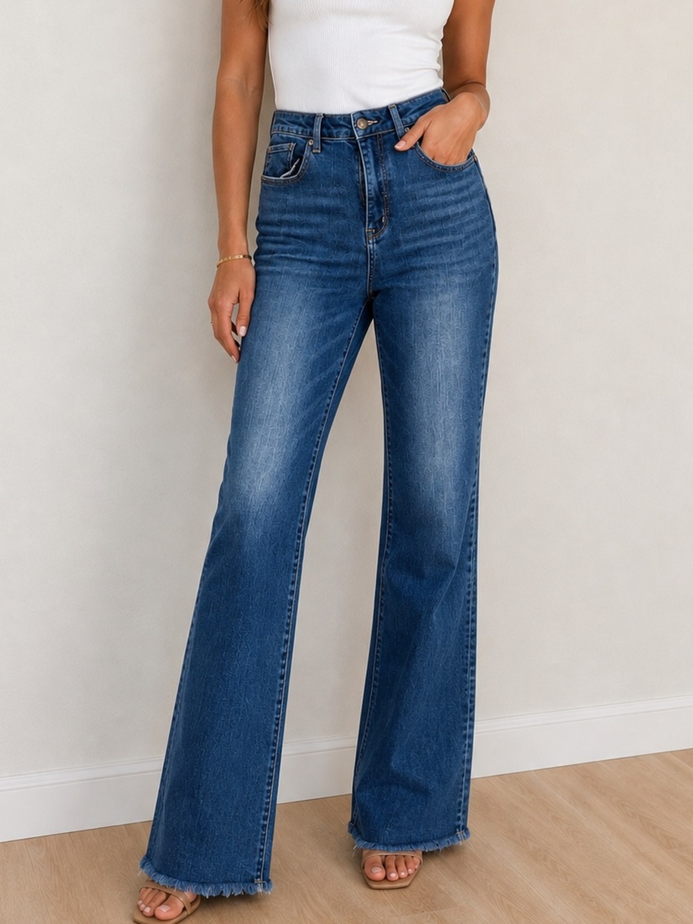 Risen High Rise Dark Blue Jeans Raw Hem Flare Size 30/11